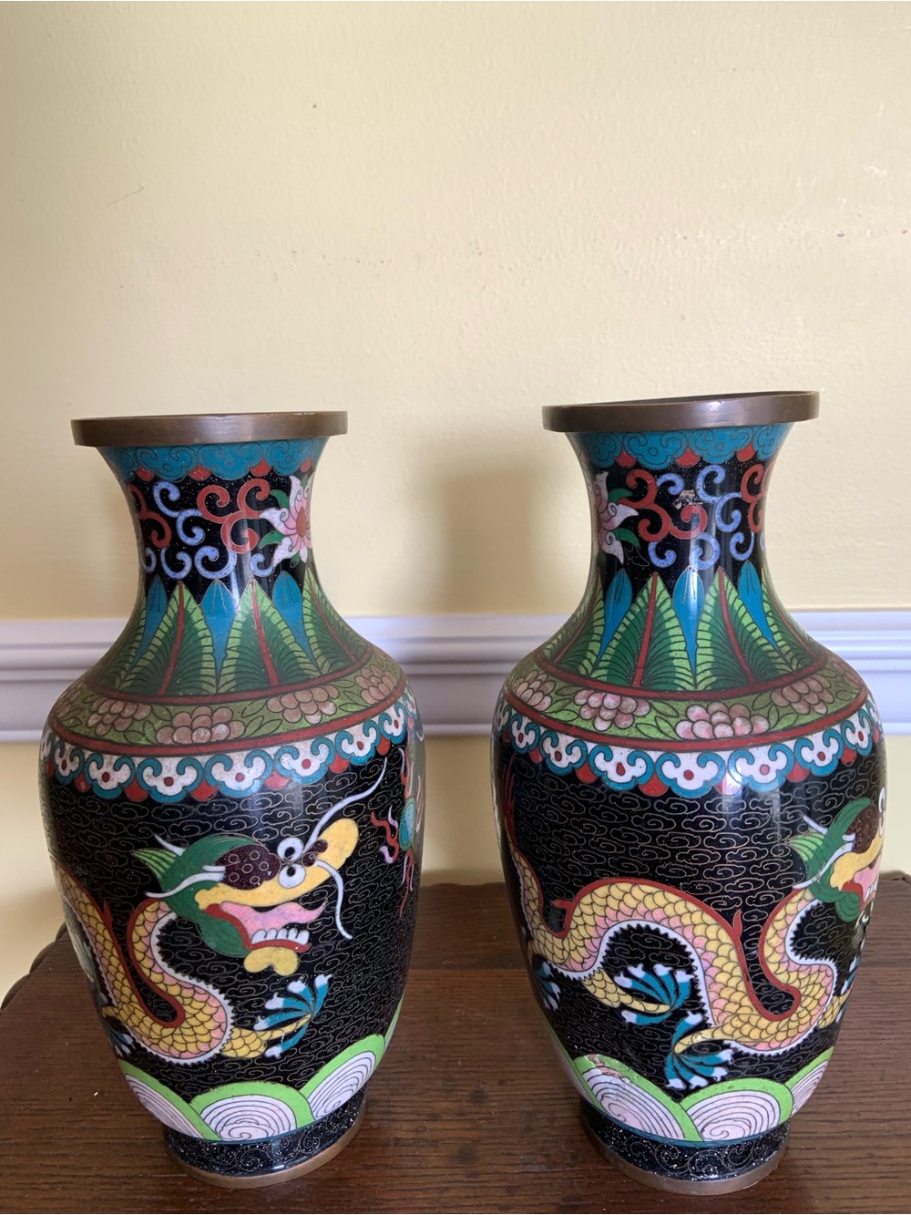 Vintage Decorative 10” Black Dragon Cloisonné Bronze Vases Set